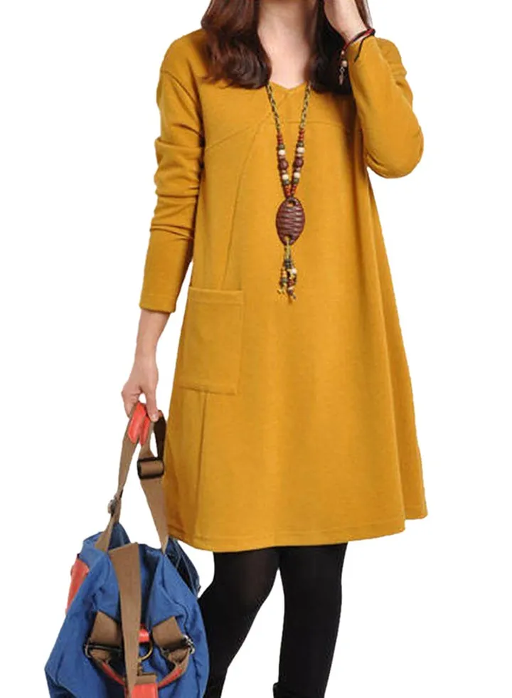 Long Sleeve Midi Shift Dress Yellow