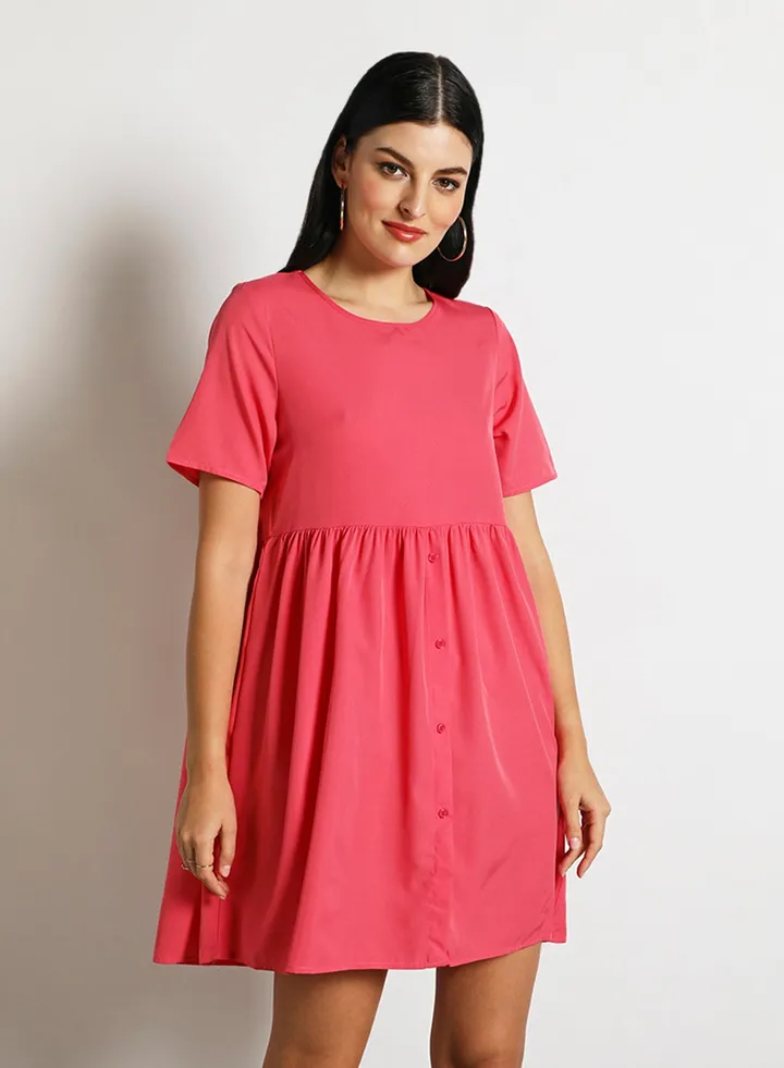 Women'S Casual Midi Short Sleeve Plain Basic Dress Pink