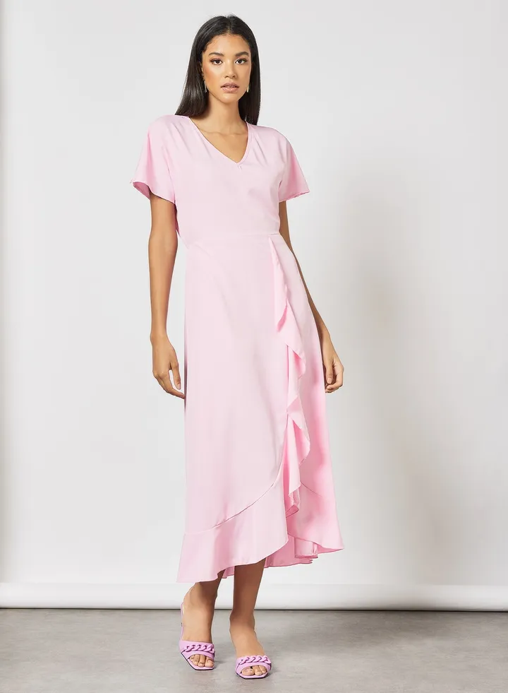 Stylish Casual floral half sleeves V-neck Midi wrap Dress with frills Pink