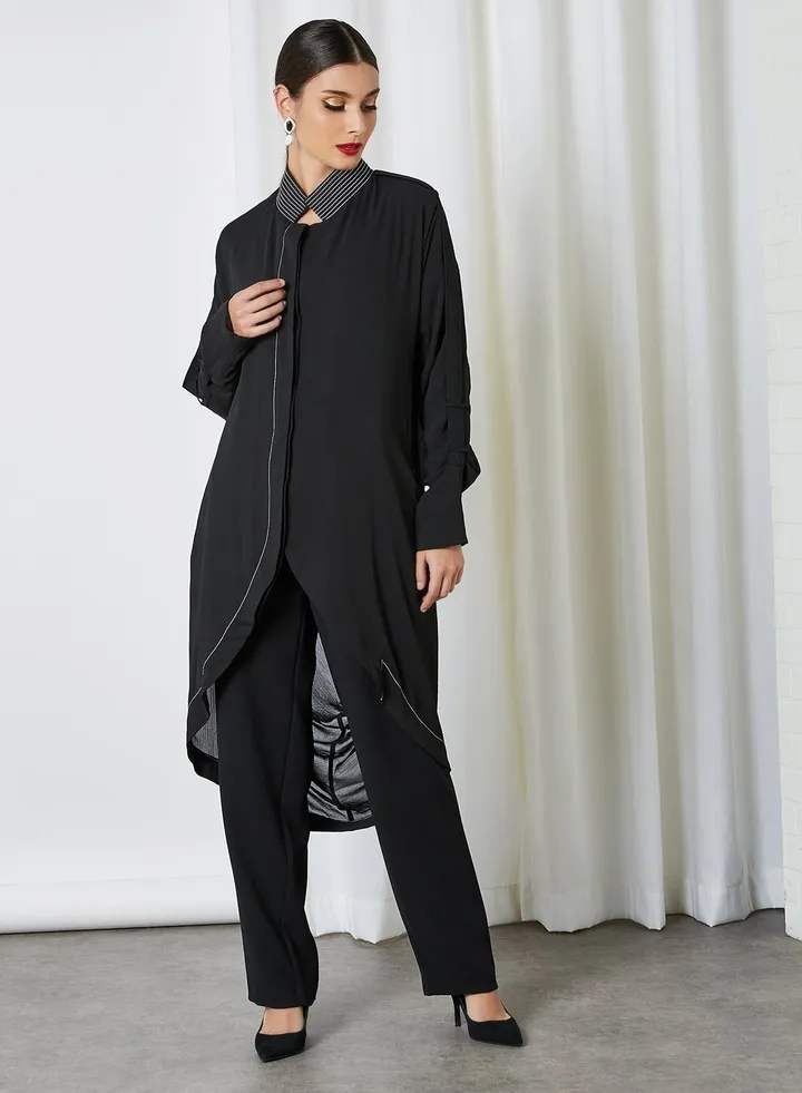 Draped Chiffon Long Sleeve Midi Dress Black