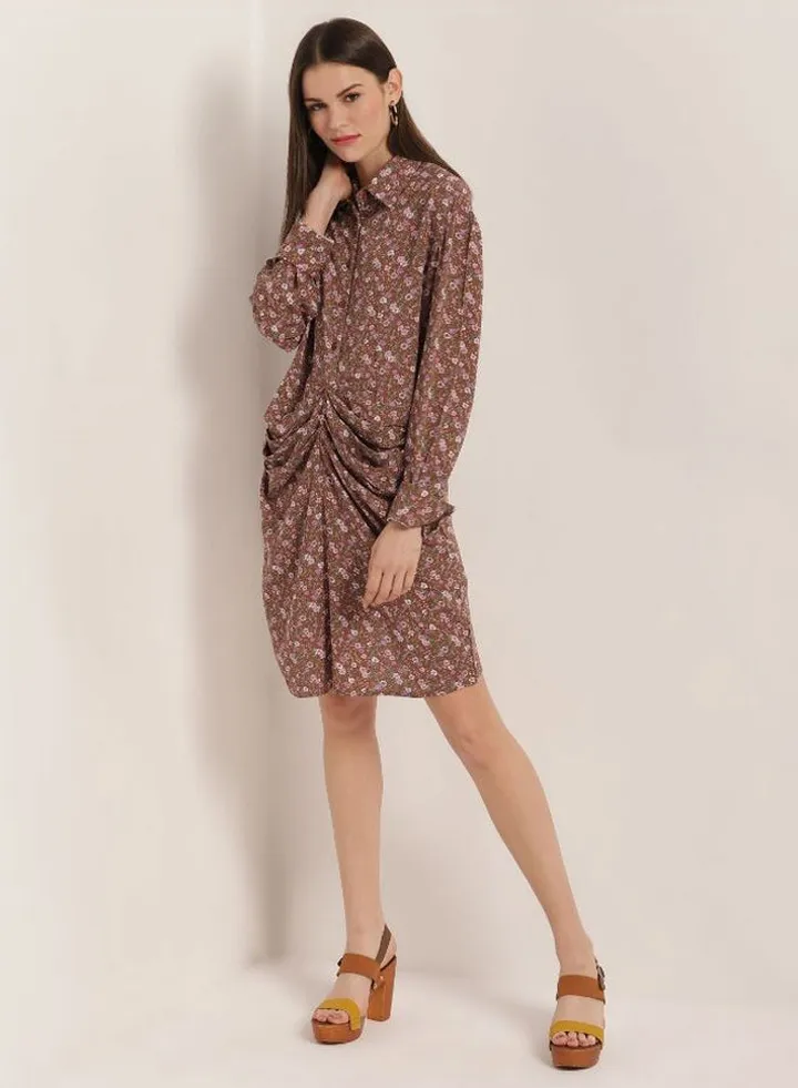Printed Long Sleeves Shirt Dress Brown