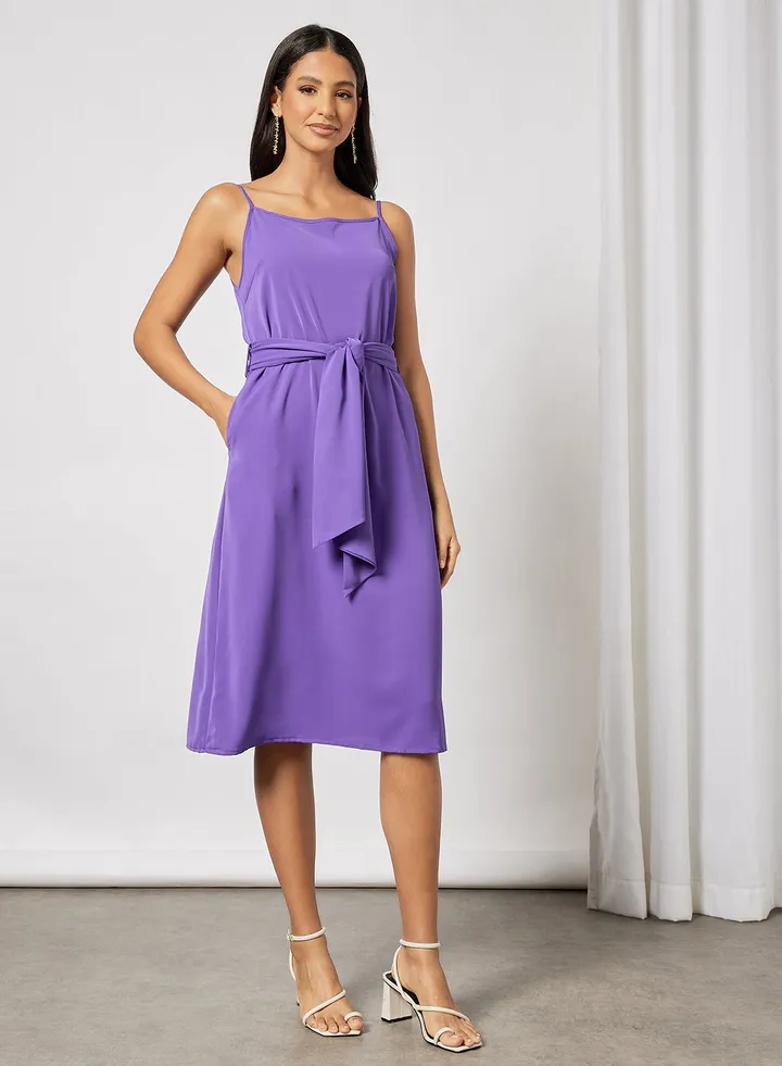 Casual Boat Neck Straps Belted Midi Dress Purple