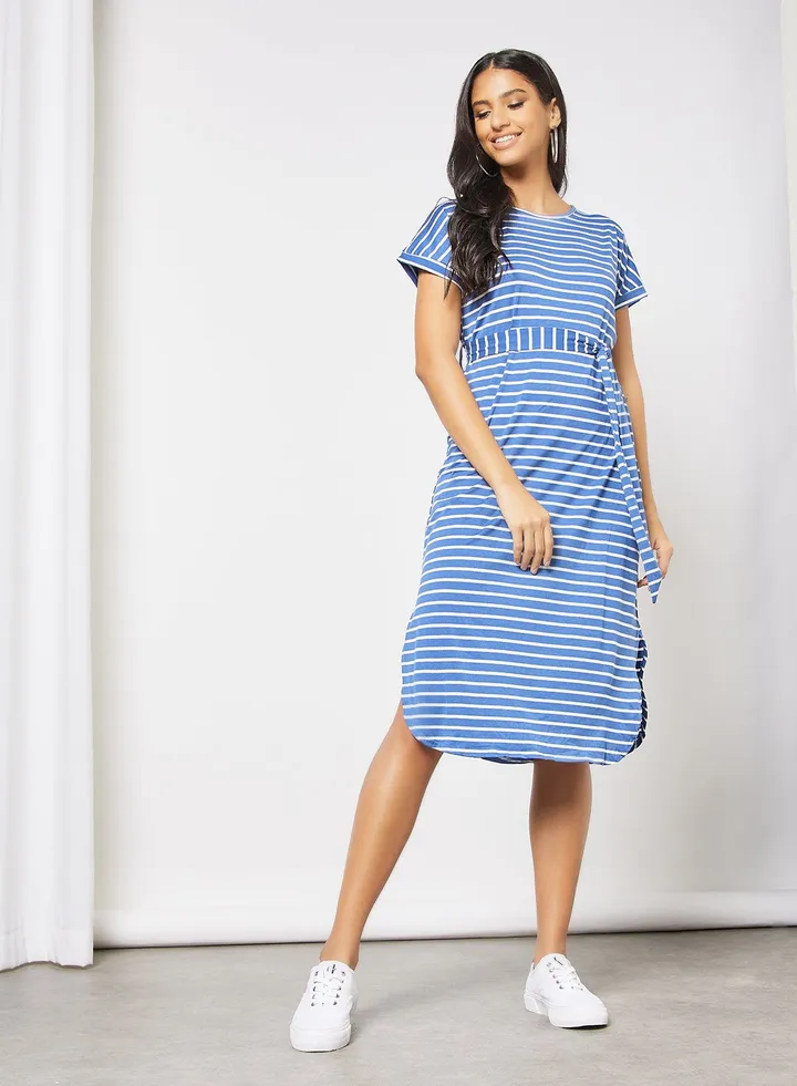 Short Sleeve Tie Bow Stripe Midi Knit Dress Blue/White