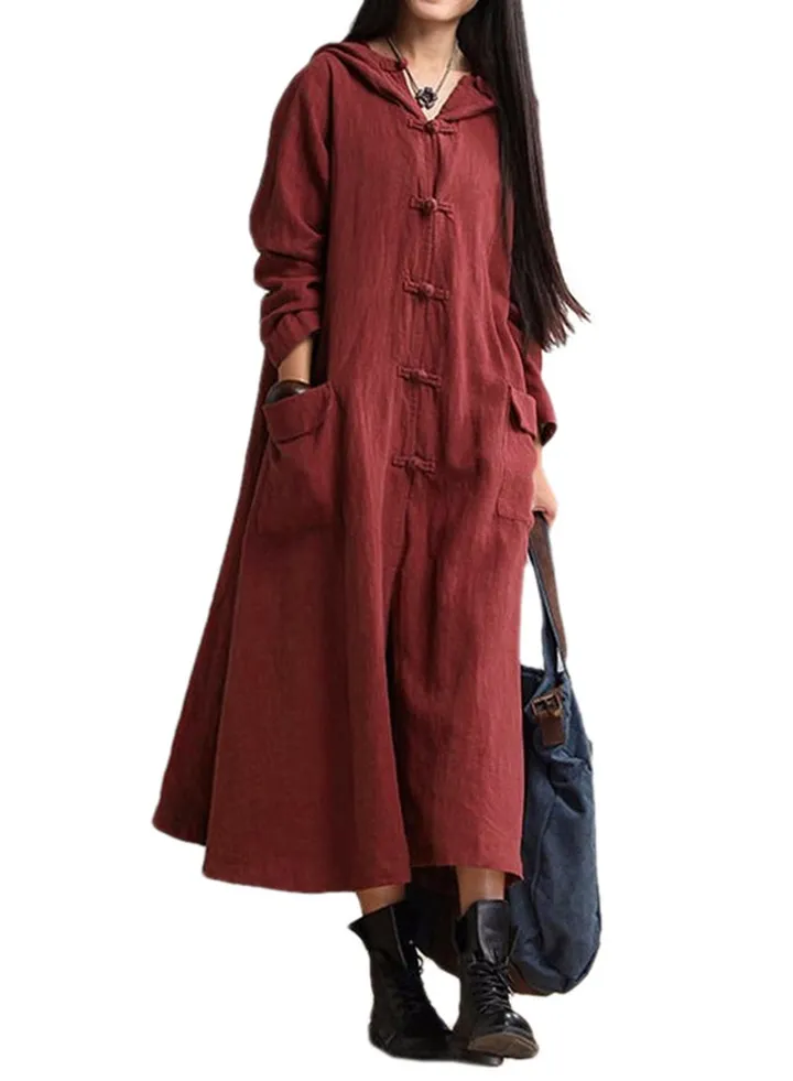 Vintage Long Sleeve Midi Cotton Dress Burgundy
