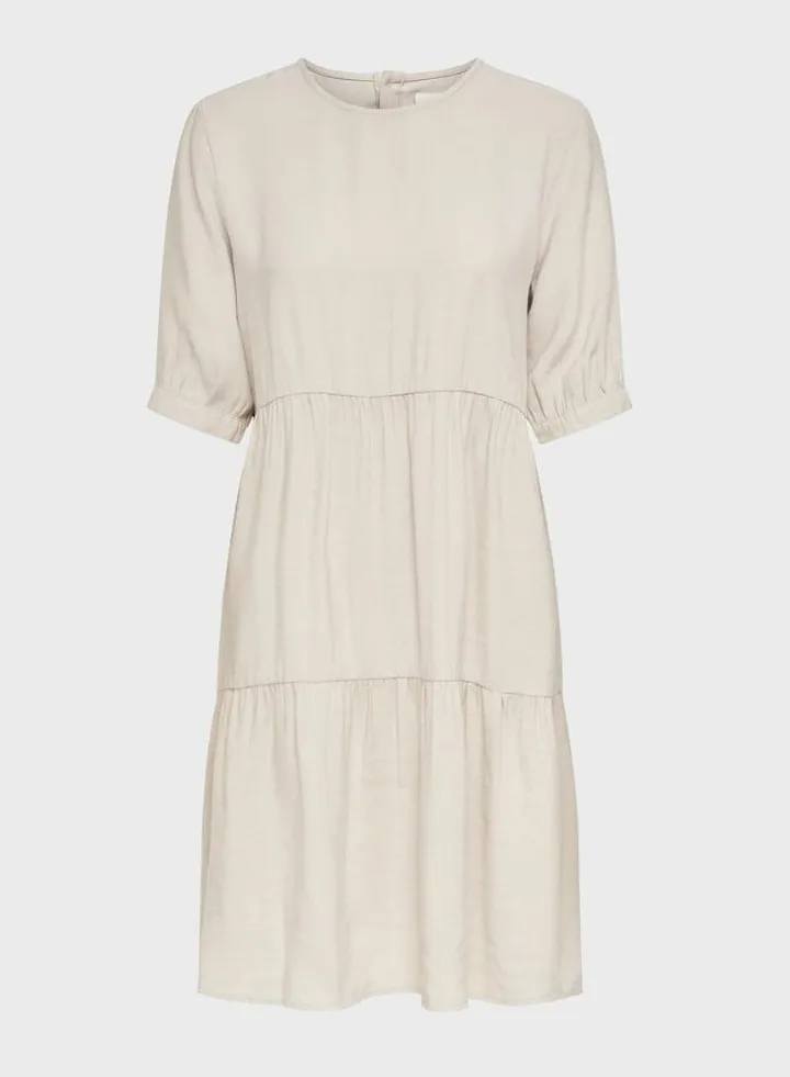 Tiered Hem Puff Sleeves Round Neck Dress Beige