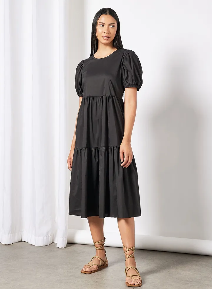Tiered Puff Sleeve Midi Dress
