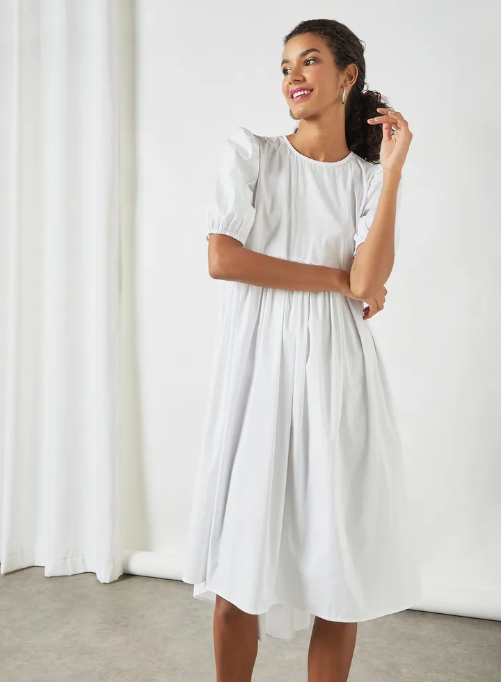 Round Neck Midi Dress White