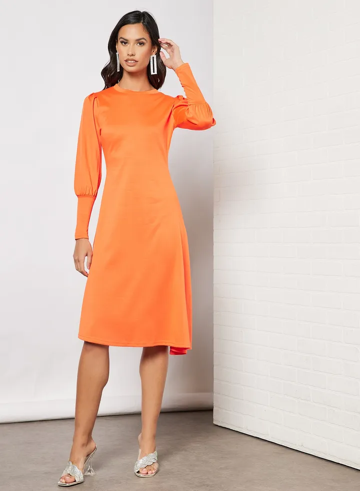 Women Long Puff Sleeve Dress Orange