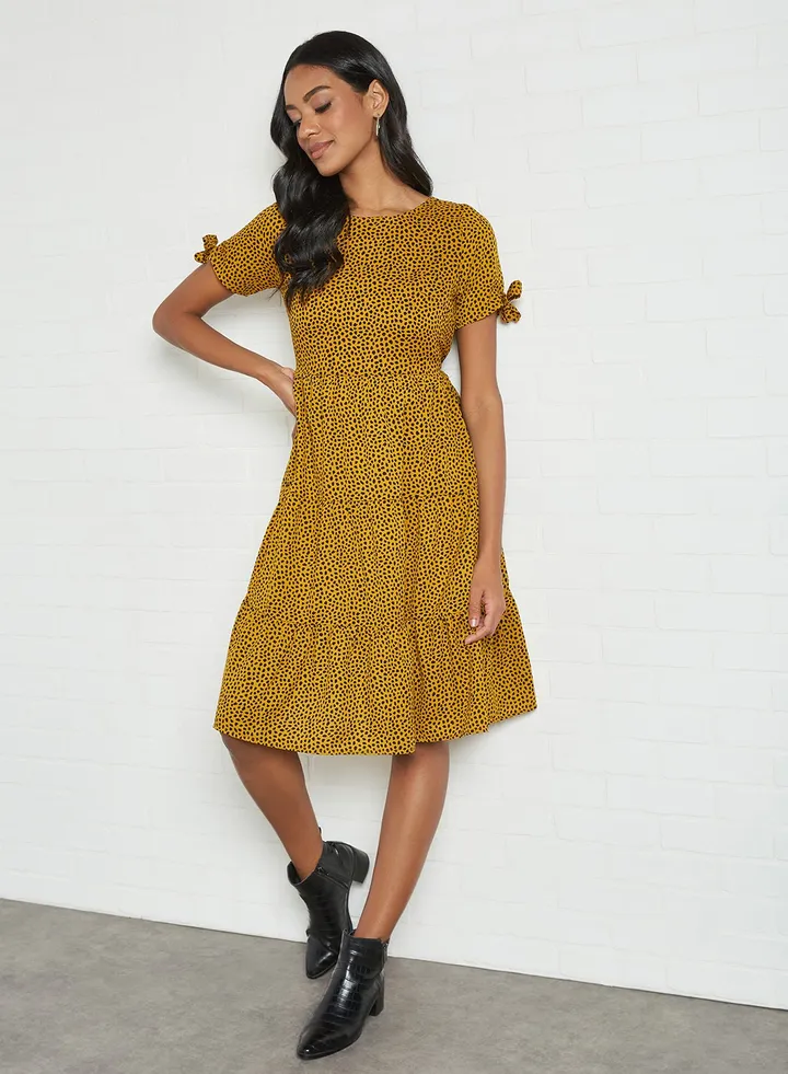 Dash Print Tiered Dress Mustard