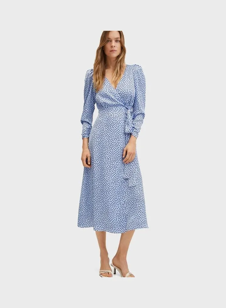 Puff Sleeve Printed Tie Detail Dress Blue