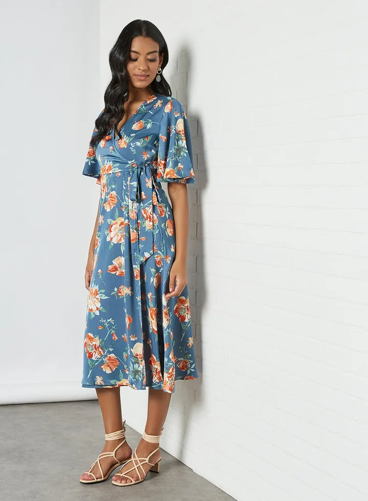 Floral Midi Wrap Dress Teal