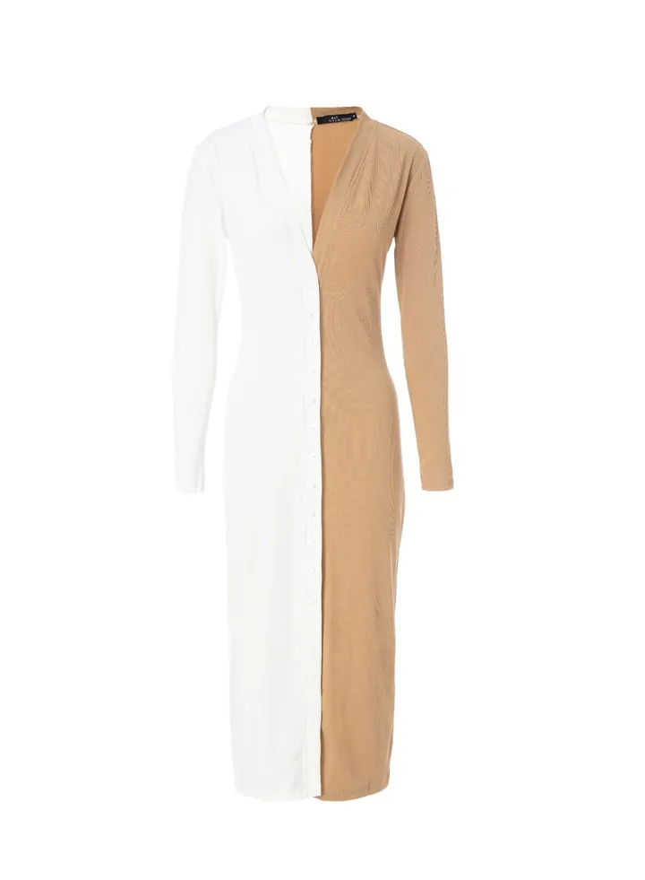 Women v-neck long sleeve button front split long dress White/Brown