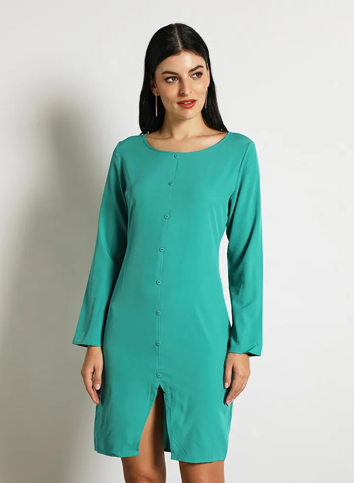 Women'S Casual Knee Length Long Sleeve Plain Basic Dress Blue