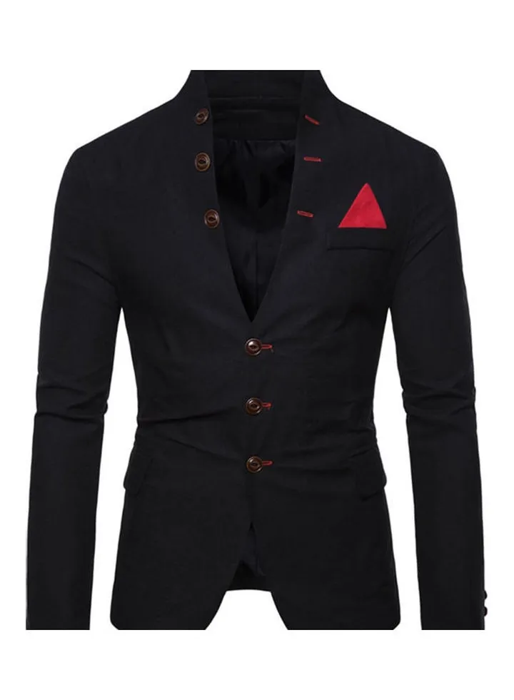 Men Long Sleeve Stand Collar Tuxedo Suit Blazer 3 Button Pocket Slim Jacket Coat Black