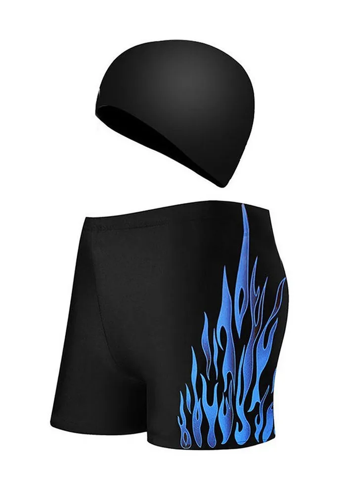 2-Piece Swim Shorts Cap Beach Swimming Suit Set Blue/Black