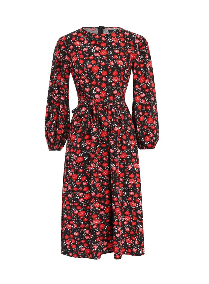 All Print Puff Sleeve Self Tie Side Split Dress Black