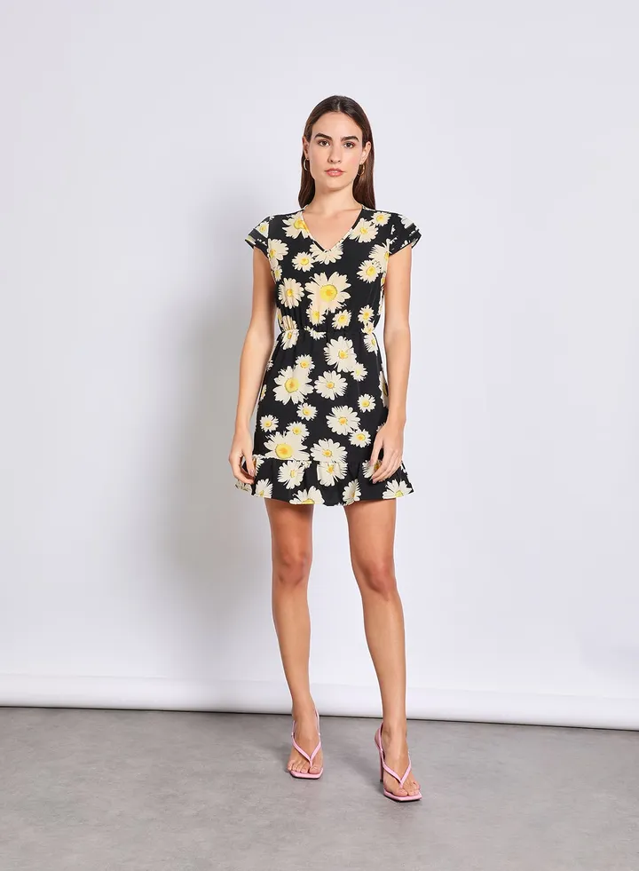 Woven Floral Print Dress Black/White/Yellow