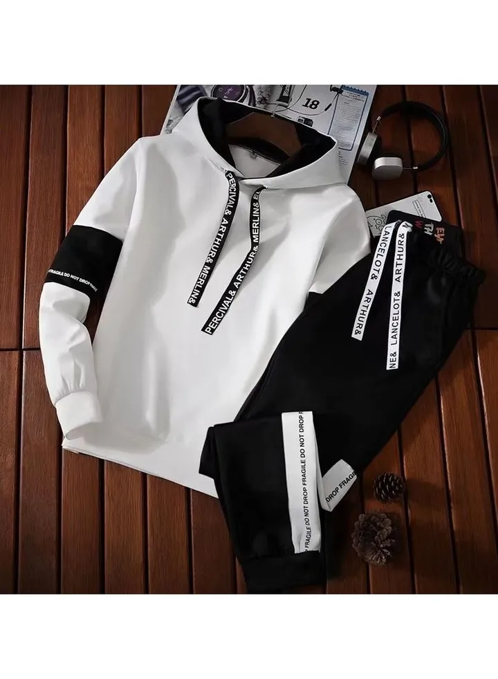 Men's Long Sleeved Sportswear Top and Pants Hooded Sportssuit White