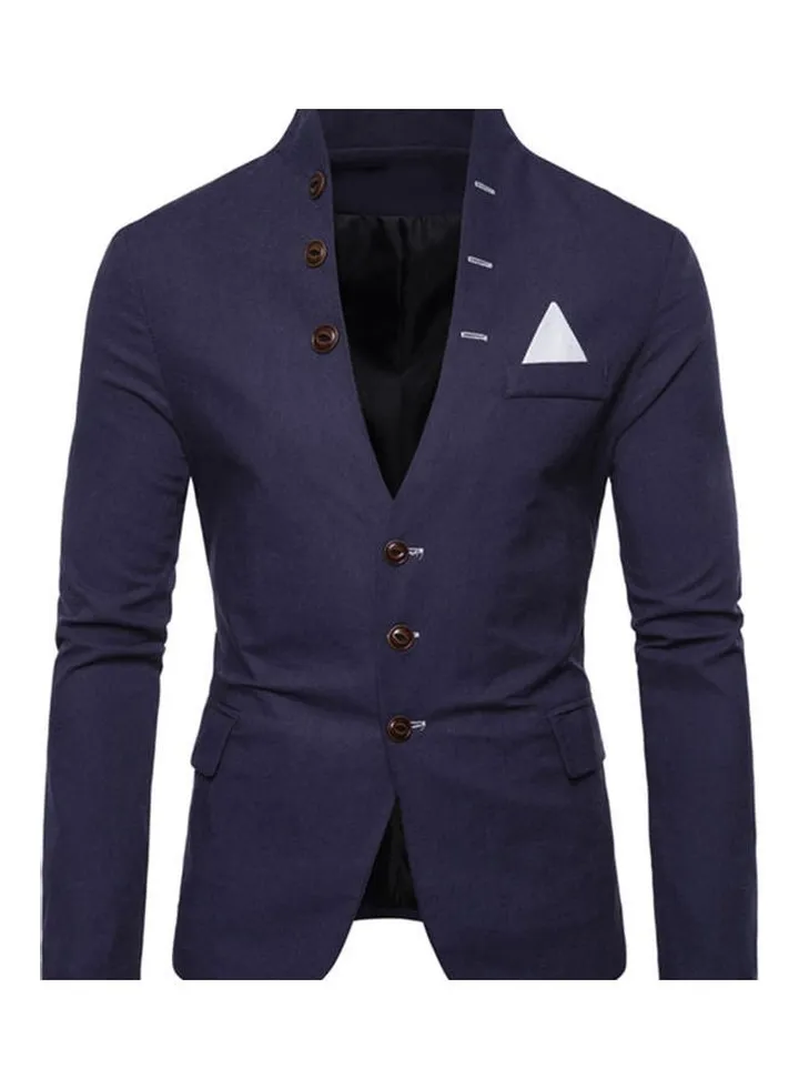 Men Long Sleeve Stand Collar Tuxedo Suit Blazer 3 Button Pocket Slim Jacket Coat Navy Blue