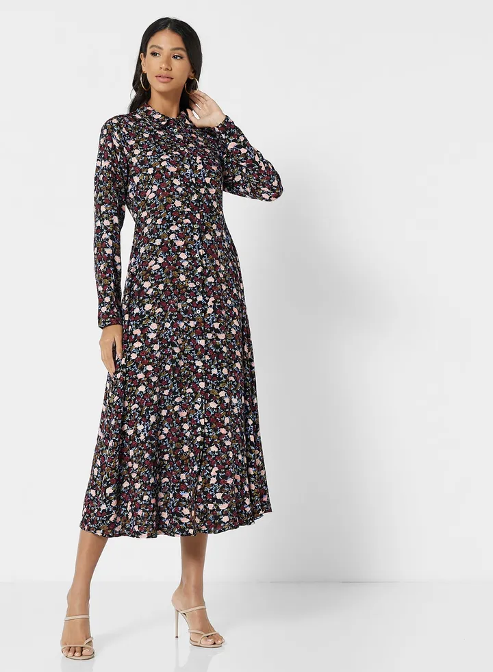 Floral Print Midi Dress Black