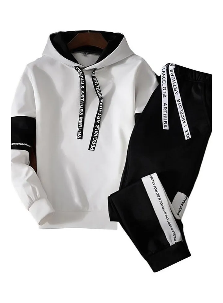 2-Piece Hoodie With Trouser Sportswear Suit Black/White