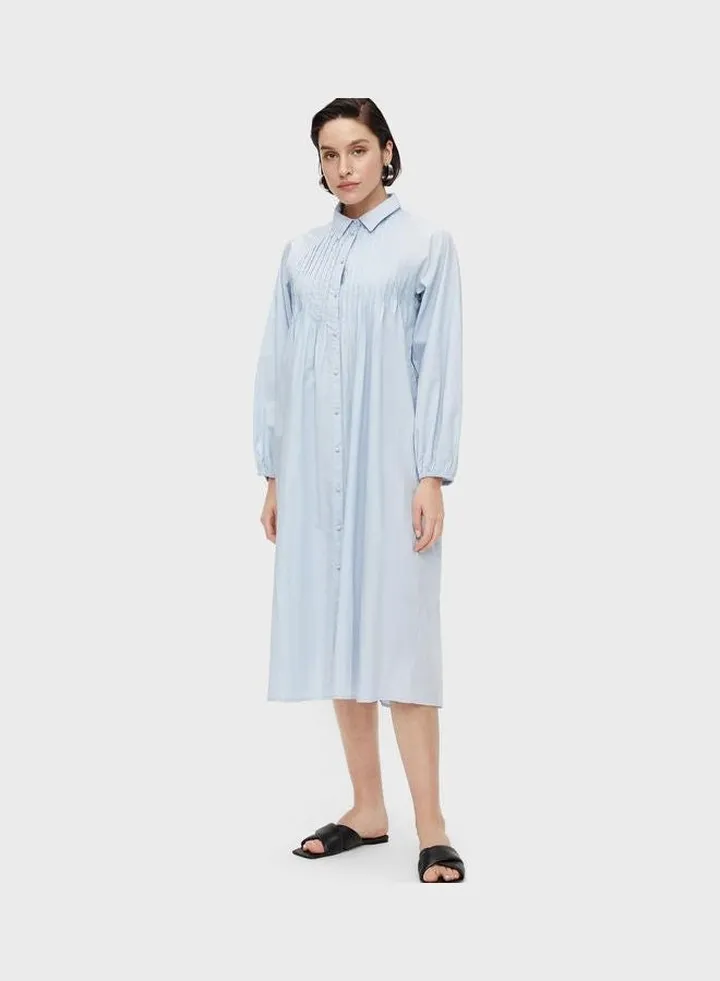 Pleated Detail Shirt Dress Blue
