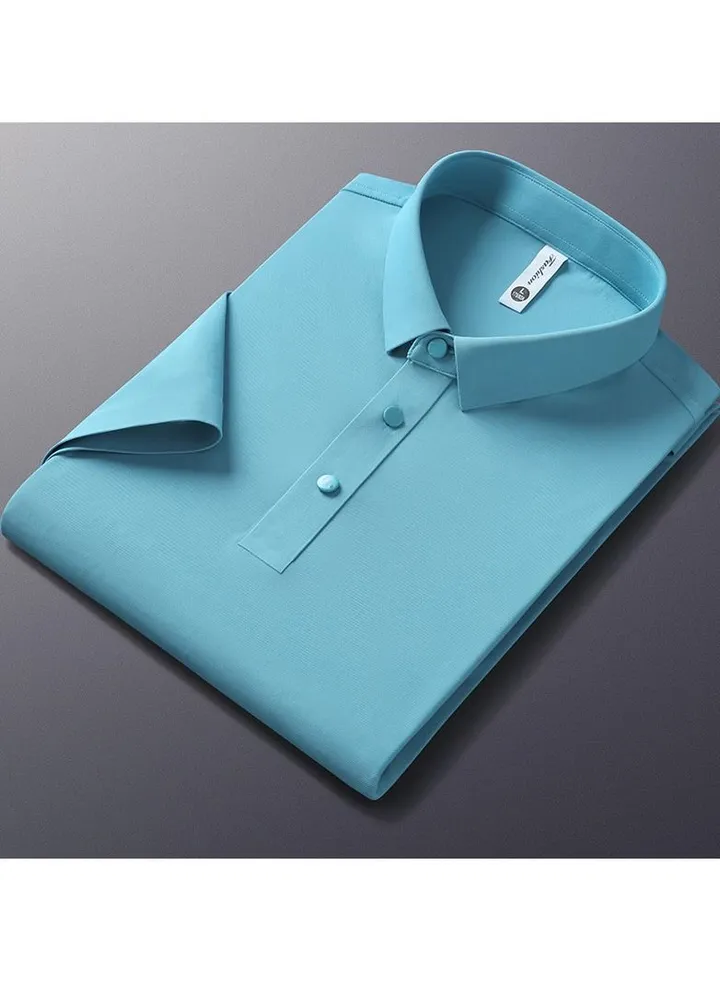 Men's Polo Shirt Short Sleeved High Elastic Lapel Top Light Blue