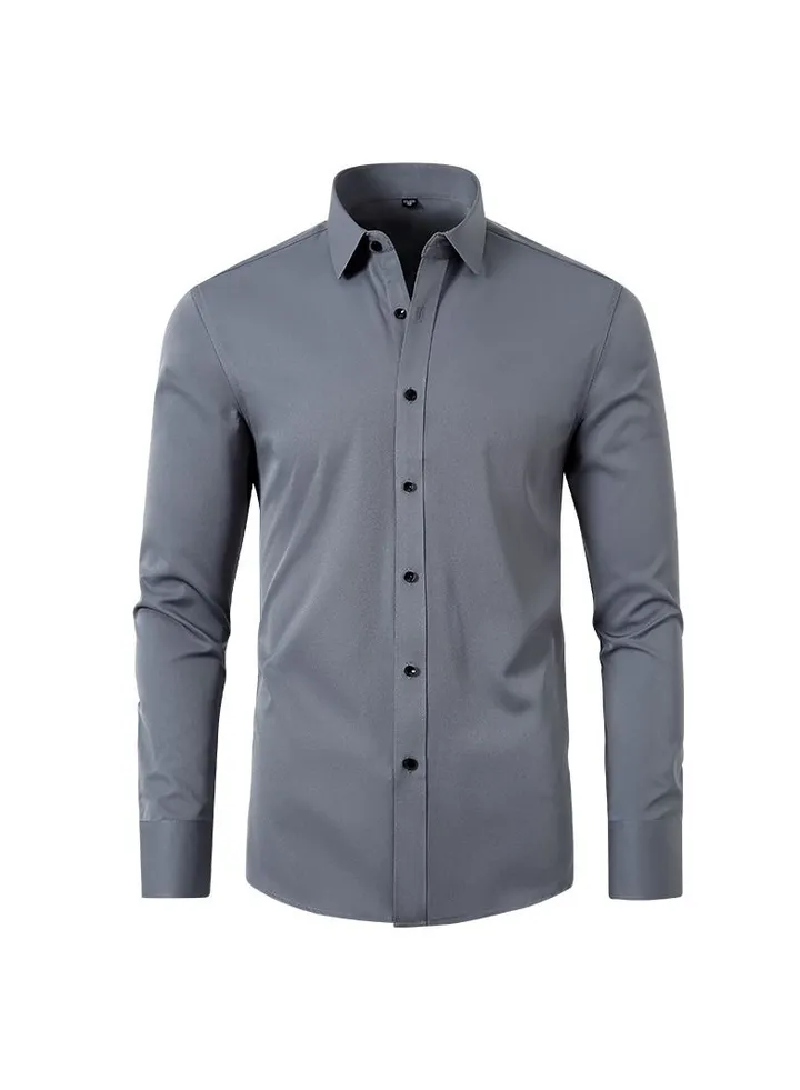 Men's Elastic Long Sleeve Shirt Solid Youth Men's Wear Non iron Shirt Grey