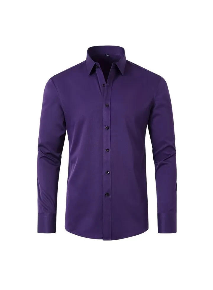 Men's Elastic Long Sleeve Shirt Solid Youth Men's Wear Non iron Shirt Dark Purple