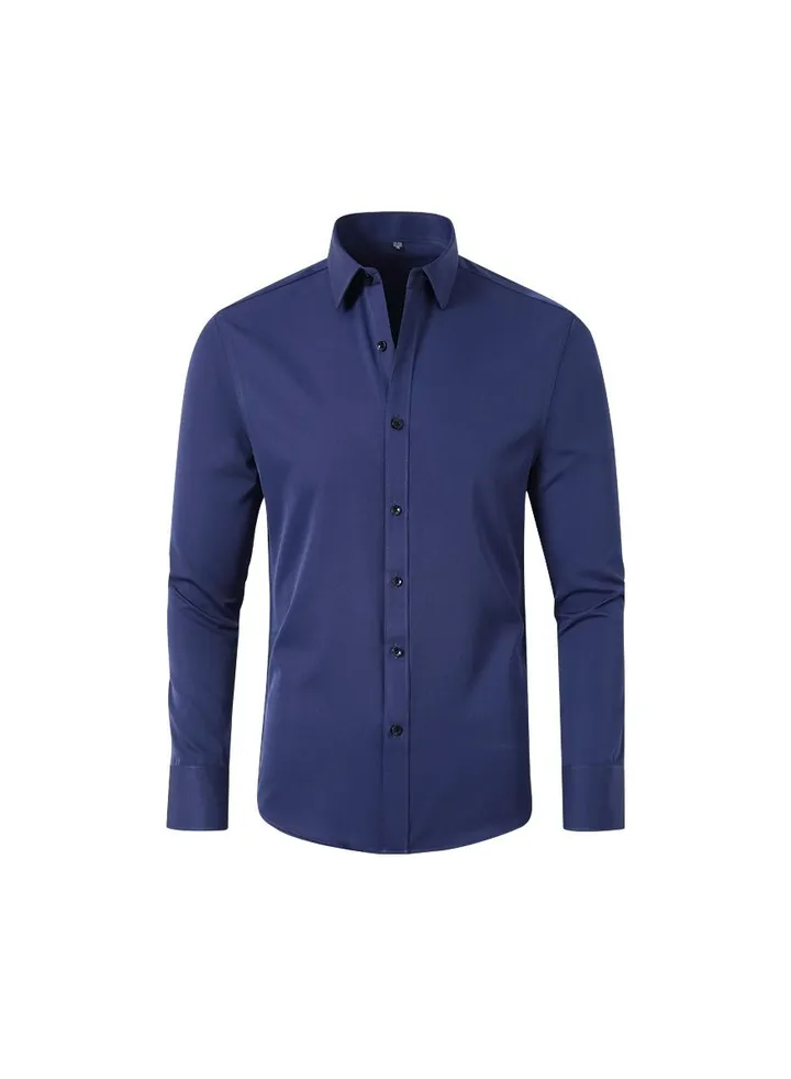 Men's Elastic Long Sleeve Shirt Solid Youth Men's Wear Non iron Shirt Dark Blue
