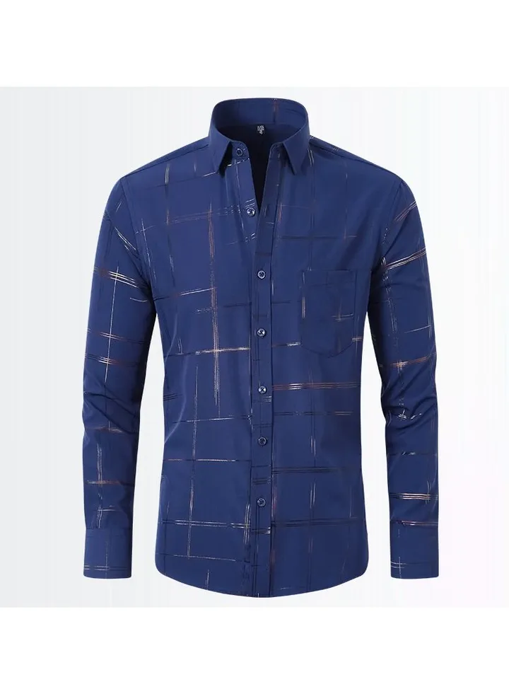 Men's Stretch Shirt With Gold Stamping And Non Ironing Shirt Blue