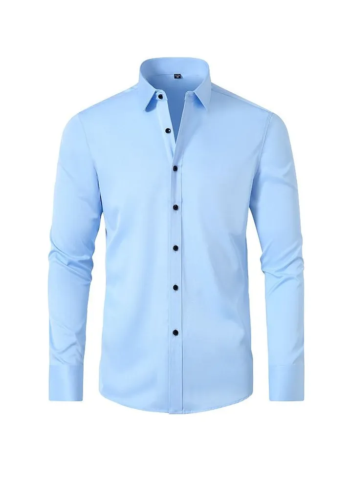 Men's Elastic Long Sleeve Shirt Solid Youth Men's Wear Non iron Shirt Blue