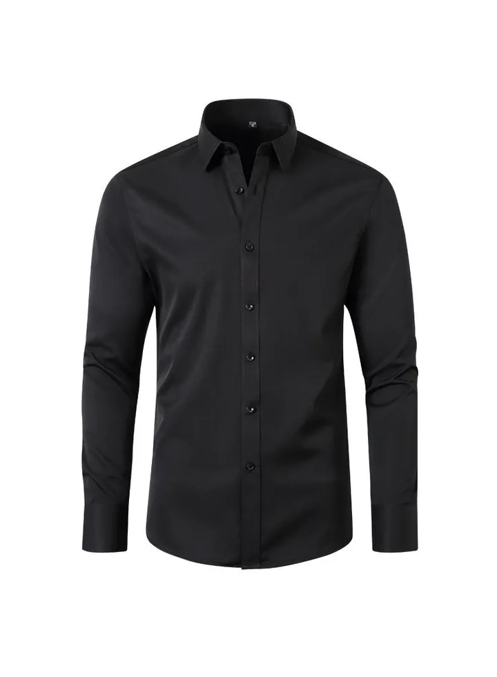Men's Elastic Long Sleeve Shirt Solid Youth Men's Wear Non iron Shirt Black