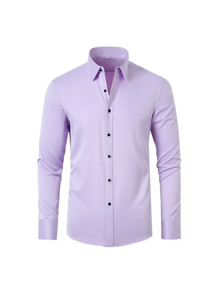 Men's Elastic Long Sleeve Shirt Solid Youth Men's Wear Non iron Shirt Purple