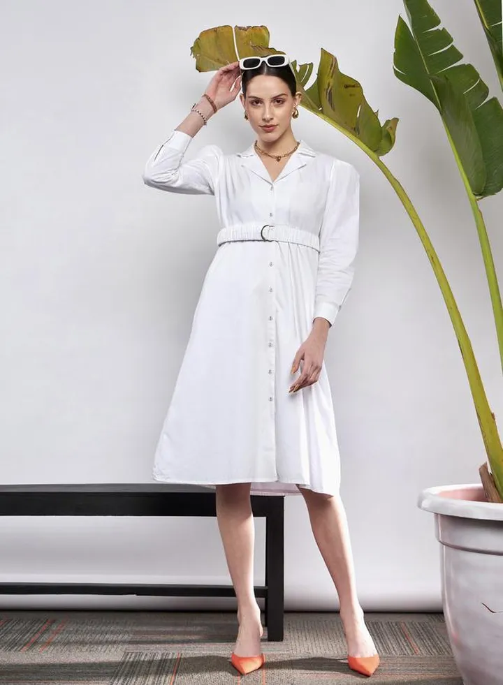 Poplin Ruched Belted Shirt Dress with Puff Sleeve