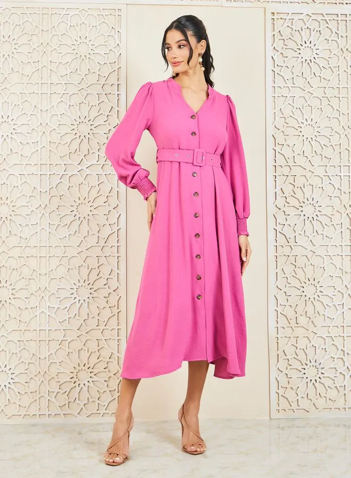 Smocked Cuff Sleeves Woven Belted Shirt Midi Dress