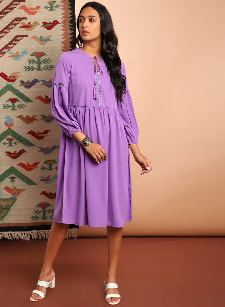 Casual Three-Quarter Sleeve Midi Dress Lilac