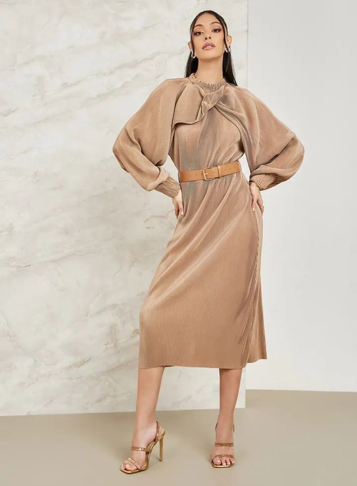 Plisse Cape Sleeve Belted Sheath Midi Dress