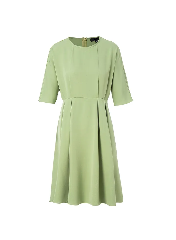 Casual Round Neck Short Sleeve Pleated Midi Dress 57 Green