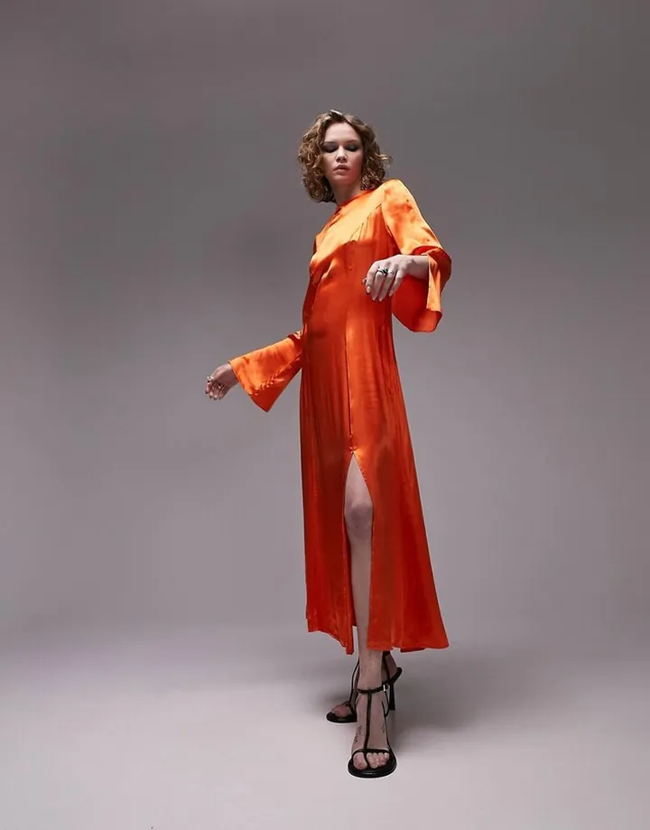 Topshop twist back occasion satin midi slip dress in orange