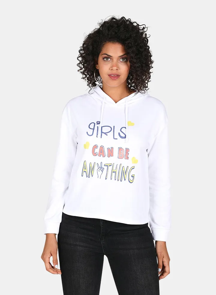 Girls Can Be Anything Printed Hooded Neck Long Sleeve Hoodie White