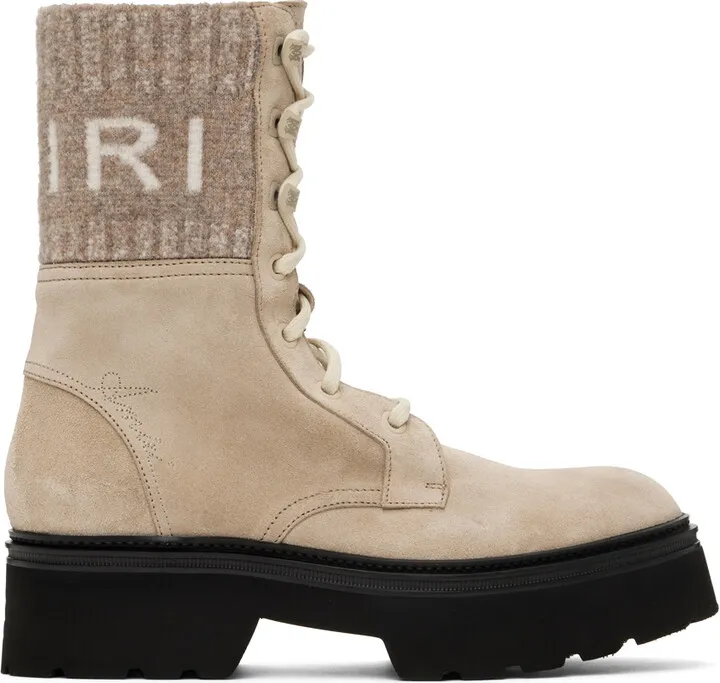 AMIRI Tan Knit Logo Collar Combat Boots