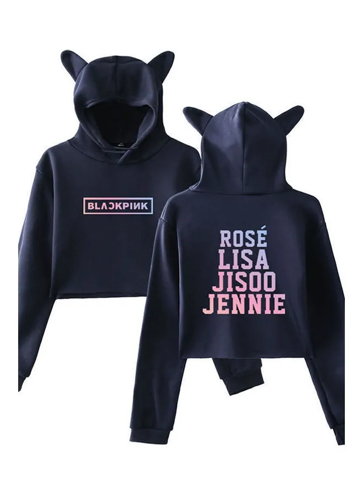 Cute Letter Printing Cat Ears Hooded Pullover Dark blue