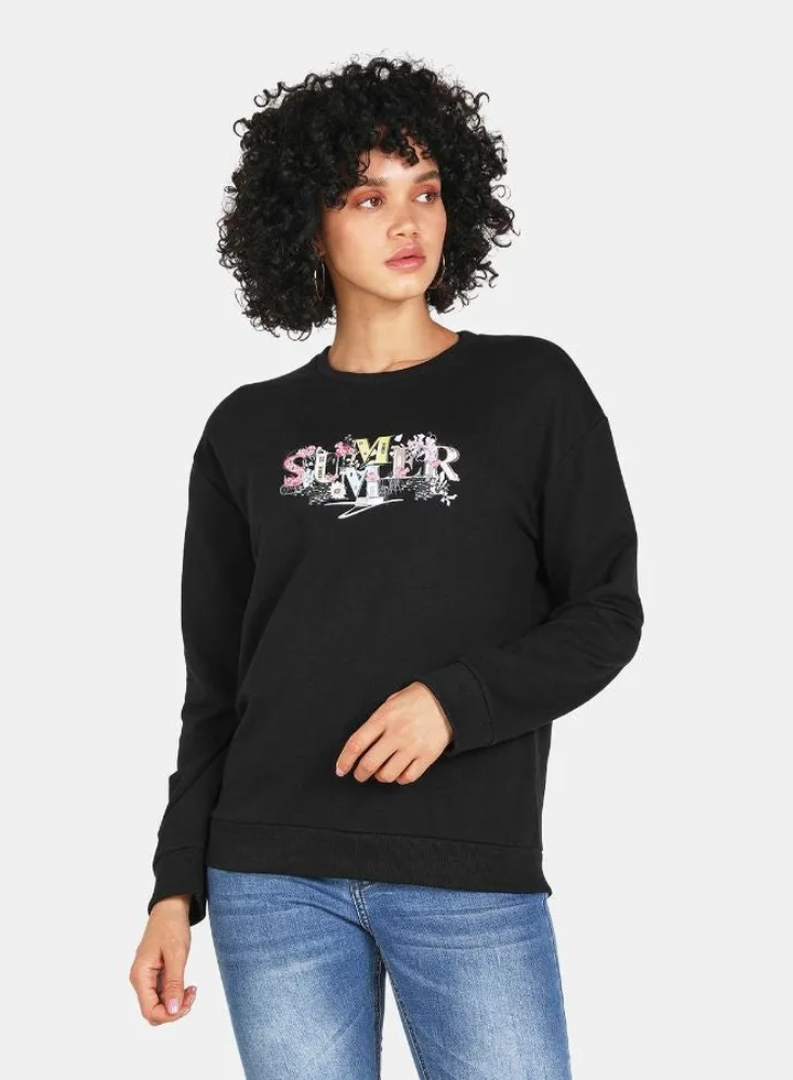 Crew Neck Casual Printed Sweatshirt Black