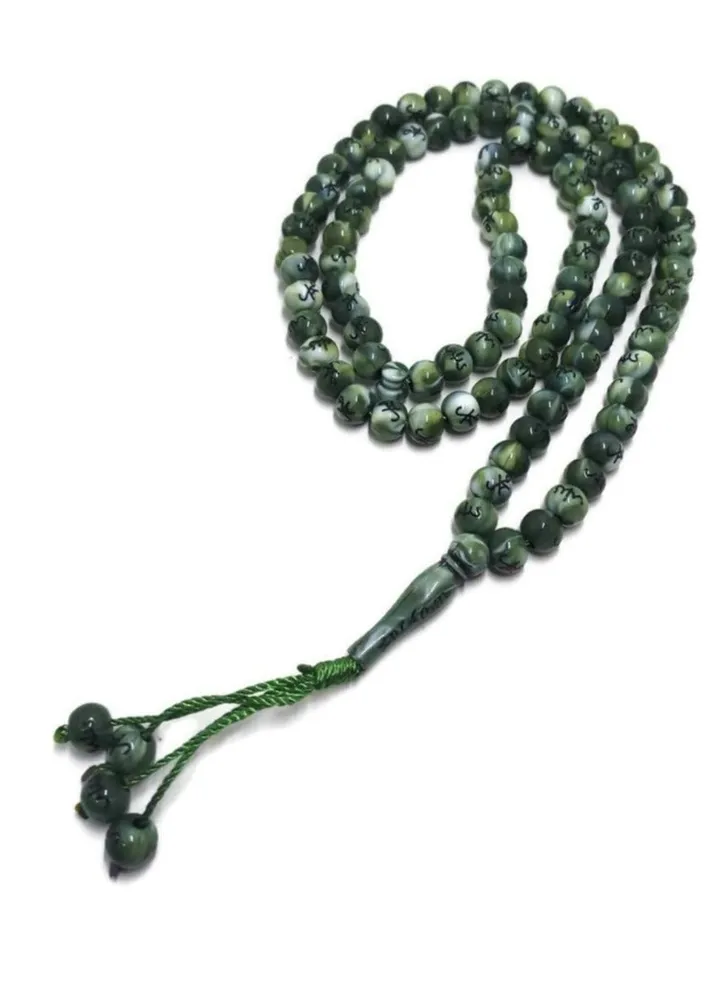Muslim Tasbih 99 Rosay Beads AMN-184 Islam Prayer dhikr Misbaha with Allah Muhammad Names Engraved on Islamic Religion Eid Ramadan Gift (Green)
