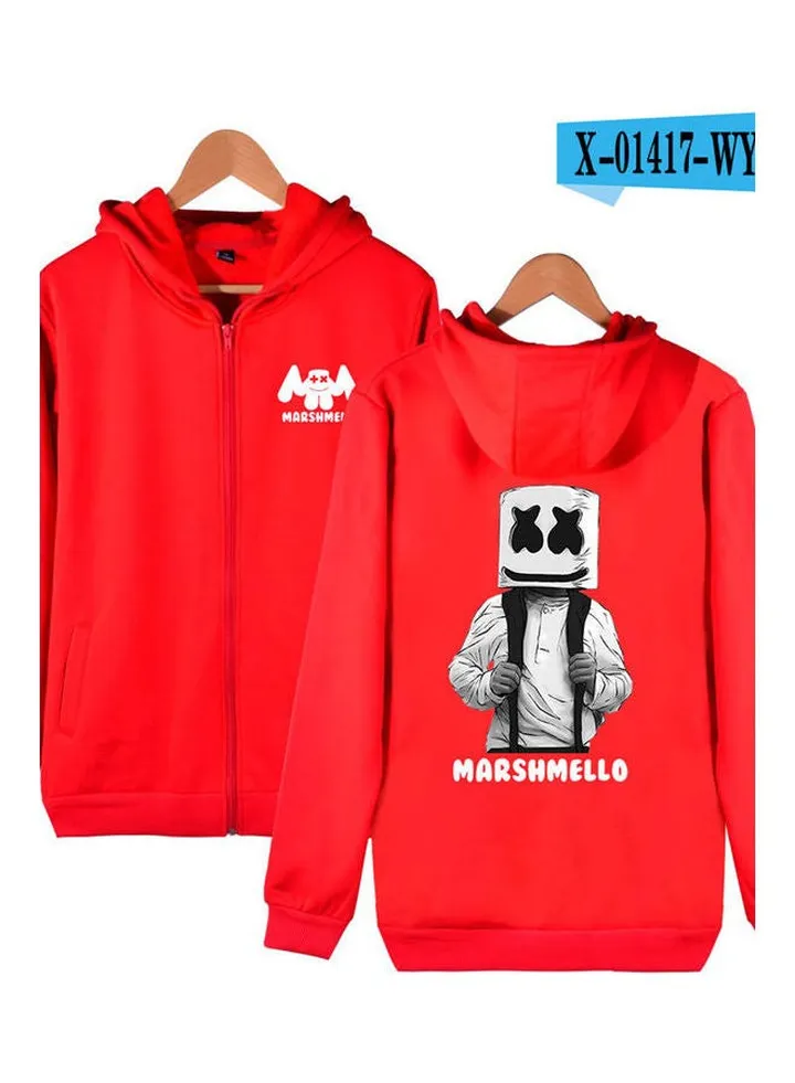 Marshmello Printed Casual Zipper Long Sleeve Hooded Sweatshirts red