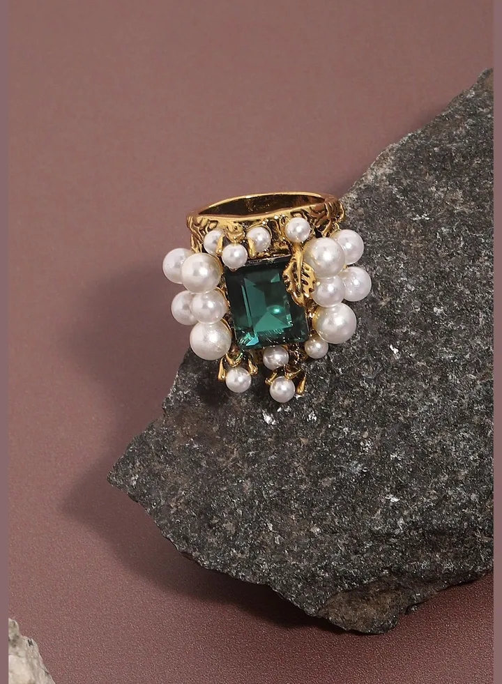 Gold Plated Designer Stones and Beaded Western Wear Ring For Women