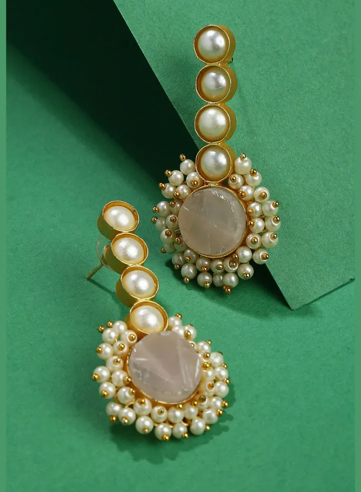 Gold-Plated Druzy Stone Studd Long Earrings