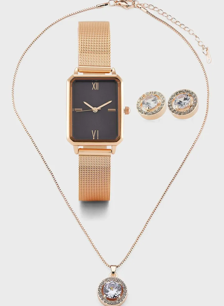 Rectangular Chain Strap Watch, Earrings And Necklace Gift Set