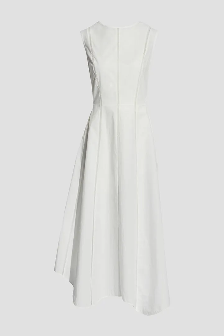Asymmetric mesh-trimmed poplin midi dress